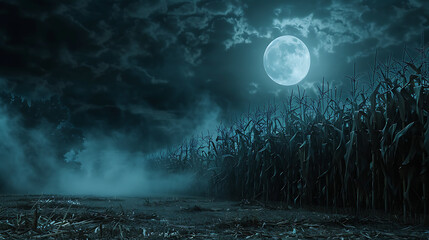 Mysterious Night Scene in a Foggy Cornfield under a Full Moon