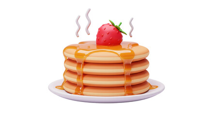 Isolated Stack of Pancakes with Strawberry and Dripping Syrup