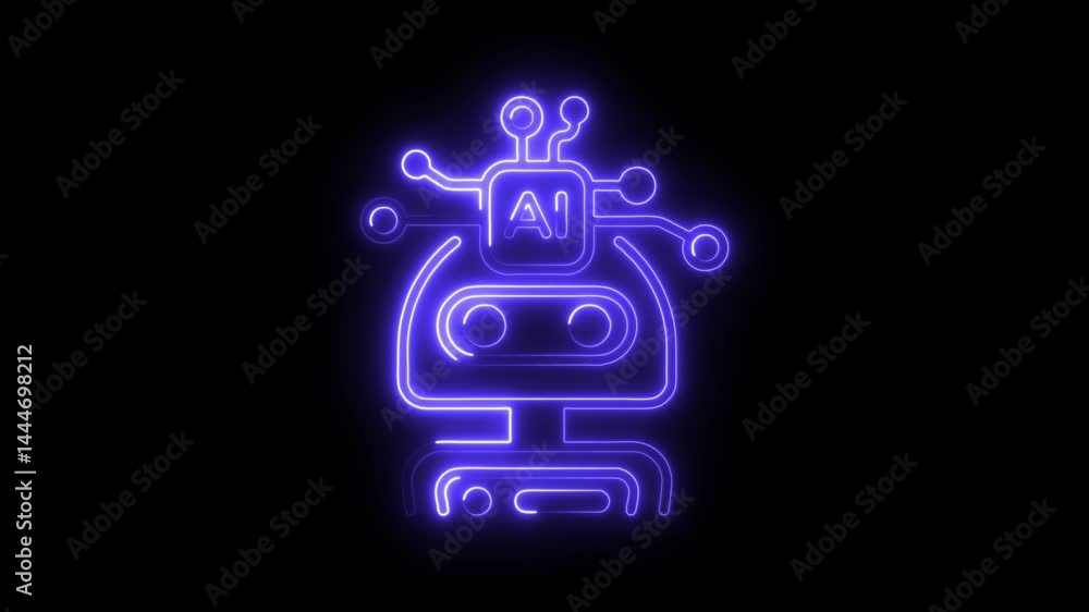 Poster neon artificial intelligence robot icon animation on black background