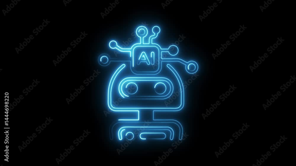 Poster glowing neon robot animation on black background artificial intelligence design