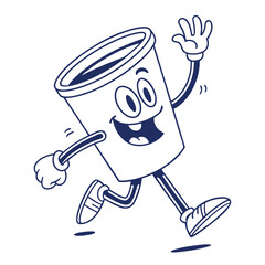 Cartoon Cup Mascot Running, Smiling, Waving Hand, Retro Style Illustration, Bold Outline