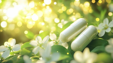 White capsules on floral green background