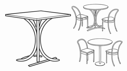 Line Art Drawing of Assorted Cafe and Bistro Tables and Chairs Furniture