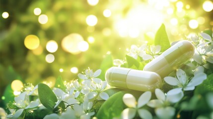 Herbal capsules resting in flower garden