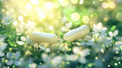 Natural capsules surrounded by white blossoms