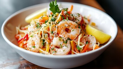 Creamy Shrimp Pasta with Lemon and Parsley in White Bowl