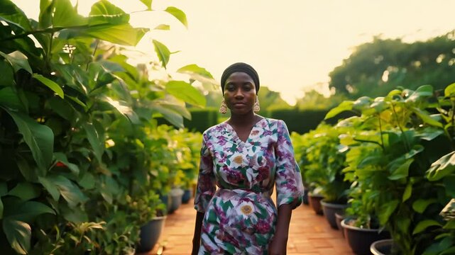 The camera slowly zooms out as a young nigerian woman in iro and buba walks confidently, facing the camera, through a garden with dappled sunlight