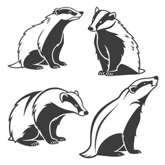 Naklejka premium Monochrome Silhouette Collection of Four Badger Poses on a White Background, Line Art