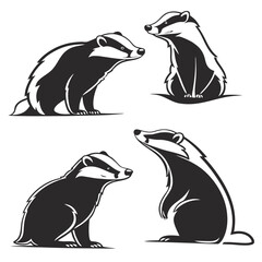 Four Black and White Badger Illustrations; Two Standing and Two Facing, Animal Silhouettes