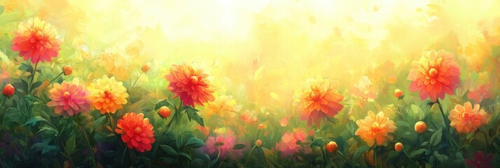 Vibrant flower field glowing in golden sunrise
