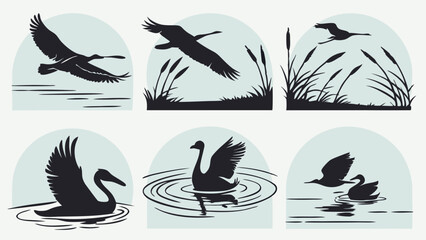 Set of Black Silhouette Illustrations Wetland Birds Flying Swimming Water Reeds
