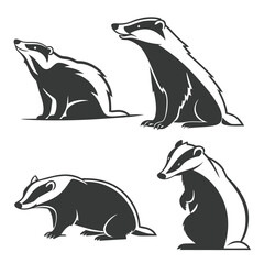 Monochrome Badger Set Standing, Looking Up, and Seated with Bold Outlines & Details
