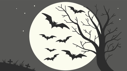 Spooky Halloween Night Silhouette Scene with Full Moon Flying Bats Creepy Tree Gravestones
