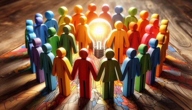 Figures of people of different colors holding hands, inclusive business thinking, values ​​of dignity and respect for all people