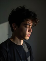 Fototapeta premium Young man with messy hair looking down in a studio with hard lighting creating shadows on face and background
