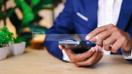 AI search technology concept. Businessman touch search bar on virtual screen. Change online search with generative AI.