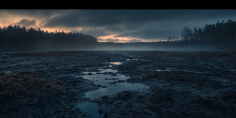 Obraz premium Dark and Moody Landscape with Water Pools and Distant Trees