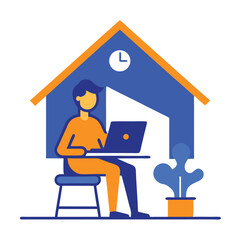 Abstract of Person Using Laptop with Clock, Home and Plant Motif