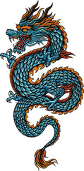 Detailed vector graphic of a Chinese dragon, coiling downward. The dragon is turquoise blue, with orange details and fierce expression