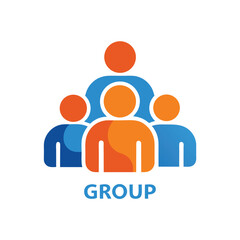 Icon of People Grouping Together in Flat Design, Blue & Orange Rounded Figures. 85 Chars