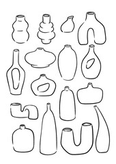 Minimalist abstract vases set. Hand drawn modern ceramic shapes in line art style © Katerina