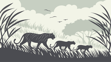 Grayscale Silhouette Illustration of Tiger Family Walking Through Grassy Savanna Landscape with Birds