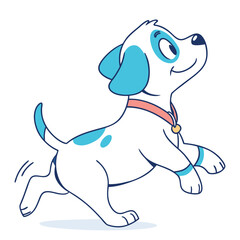 Cute White Puppy Running with Blue Markings, Wearing Collar and Tag, Isolated on White