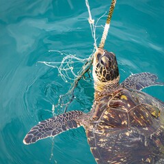 Photo of a sea turtle with its neck caught in an old fishing net in the water.