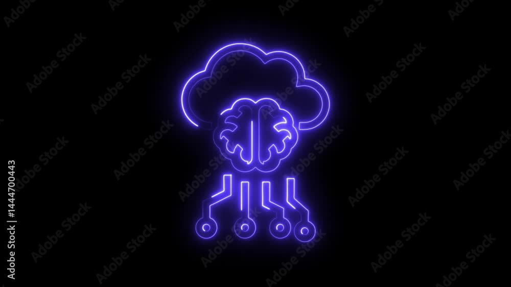 Poster glowing neon artificial intelligence brain connecting to the cloud network