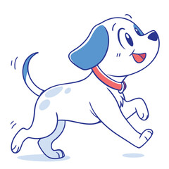Playful Cartoon Puppy White Dog with Blue Spots, Red Collar, Running on White Background