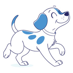 Cheerful White Cartoon Dog Running, Smiling, Collar, Blue Spots, Outline on White