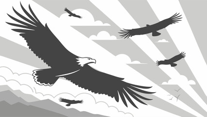 Majestic Bald Eagles Flying Silhouette Illustration Black and White with Sun Rays