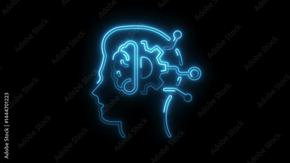 Poster artificial intelligence conceptual head outline with glowing neural network and brain gear