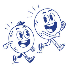 Cheerful Cartoon Round Characters Running Together Happy, Joyful, Friendship, Outline