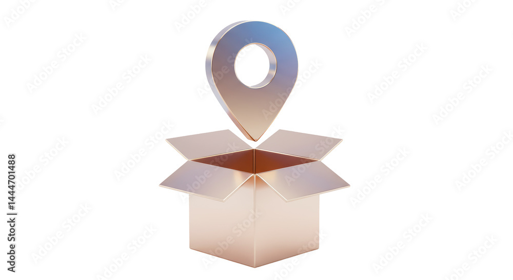 Poster isolated location pin emerging from open box