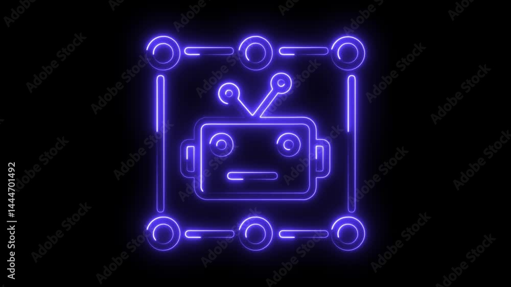 Poster neon robot icon animation on black background for technology and ai concepts