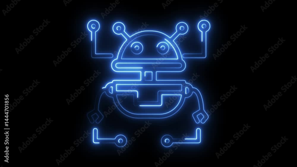 Poster retro robot neon light animation on black background technology concept glowing cyberpunk futuristic