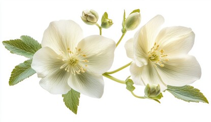 Delicate Creamy White Flowers with Green Buds on White Background