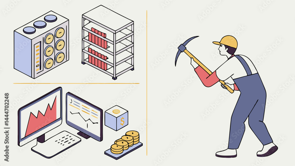 Poster isometric illustration of cryptocurrency mining rigs data analysis and miner