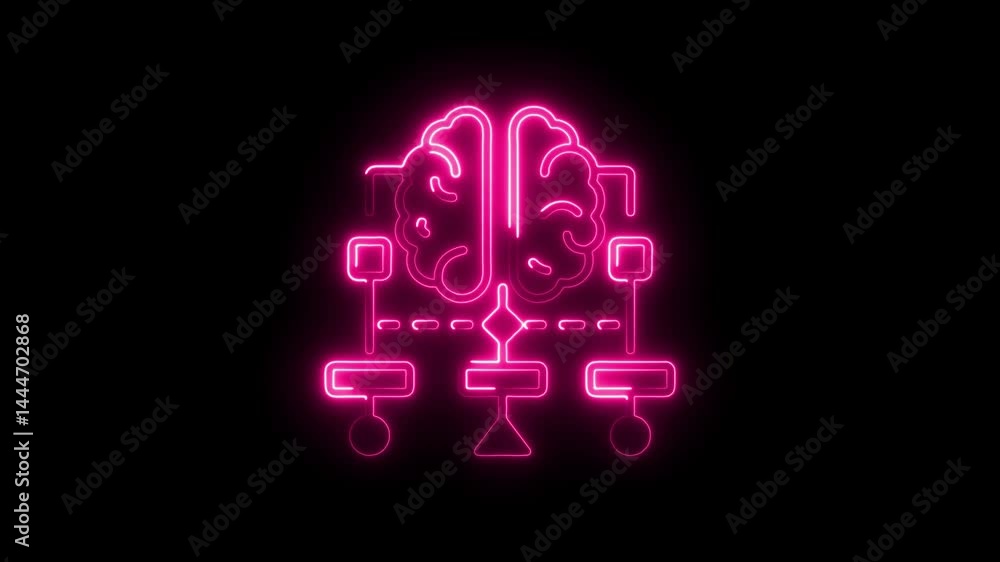 Poster pink neon brain connecting to network nodes on black background artificial intelligence and deep lea