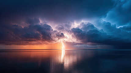 Dramatic Lightning Storm over Calm Sea