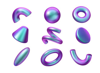 Holographic geometric shape vector 3d set. Abstract metallic hologram icon collection. Sphere, cone, swirl, torus figures. Iridescent blue and pink gradient design elements