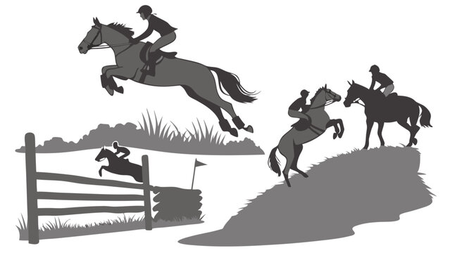 Dynamic Grayscale Illustration of Horse Riders Jumping Obstacles in Cross Country Equestrian Eventing
