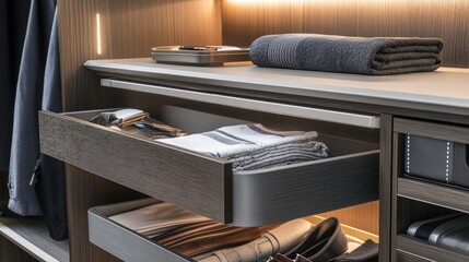 Built-in wardrobe beside bathroom vanity with harmonious material palette