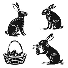 Silhouette Rabbits Set Sitting, Eating Carrot, Basket with Eggs, Isolated Black and White