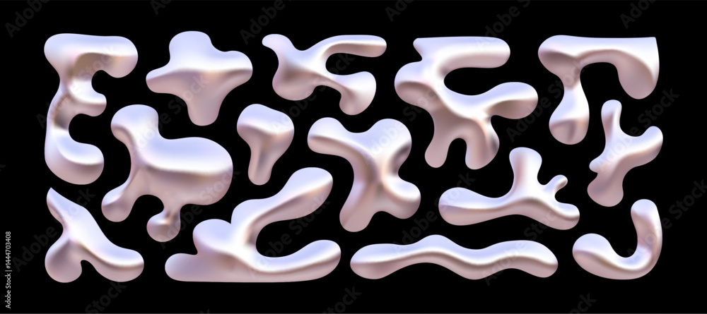 Fototapete abstract liquid chrome shapes set. silver metal fluid blobs, realistic vector 3d rendering design el