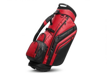 Red and black golf bag isolated on white background