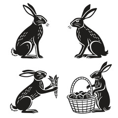 Black and White Hare Silhouettes Two Seated, One with Carrots, One with Basket