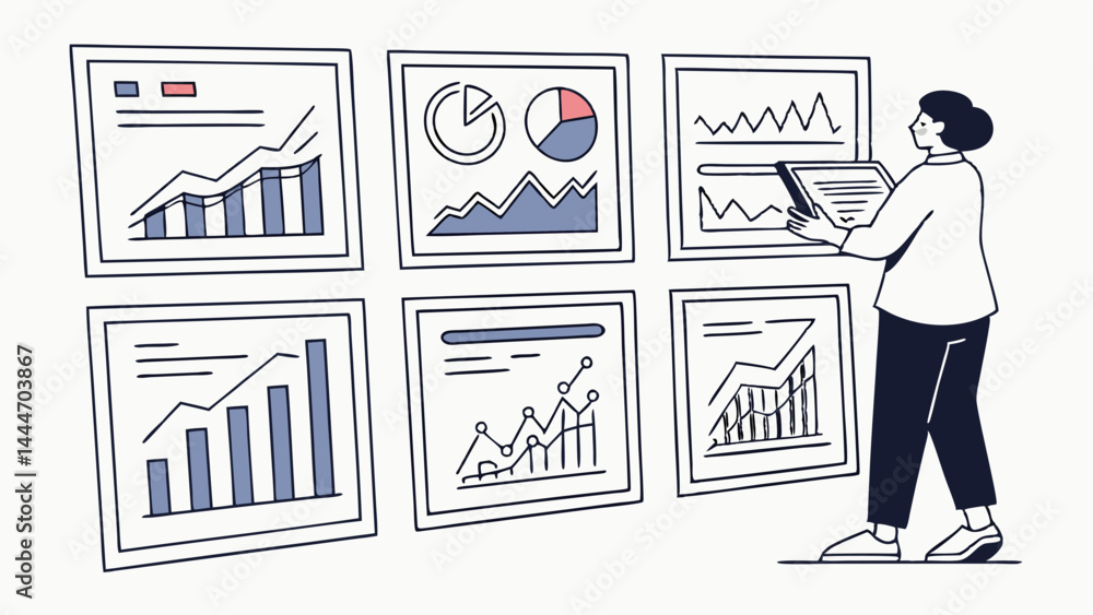 Poster hand-drawn illustration of a person analyzing business data charts graphs and reports on a dashboard