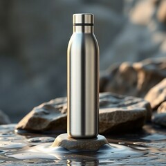 Obraz premium A sleek, stainless steel water bottle with no logo or branding, standing upright on natural rock with mist or condensation around its base. Gentle ambient lighting highlights
